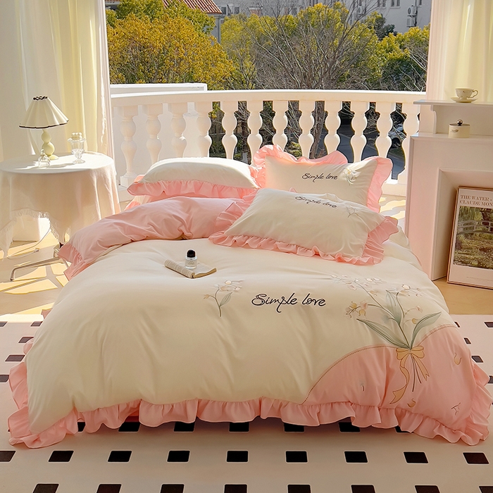 91家纺网 家纺一手货源 找家纺 凯美家居 2025新款超柔亲肤磨毛刺绣花仙子系列四件套 花仙子 白粉