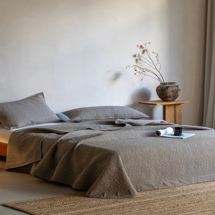 91家纺网 家纺一手货源 找家纺 璞素2025新款全棉色织三层纱床盖三件套-落雪 落雪咖