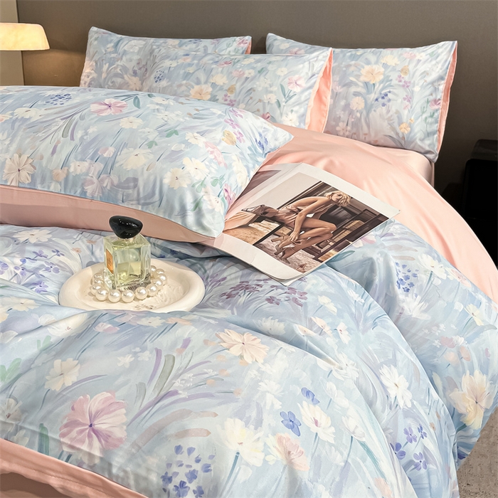 91家纺网 家纺一手货源 找家纺 笙意家纺2025新款水洗冰丝数码印花暗盒款四件套 花海