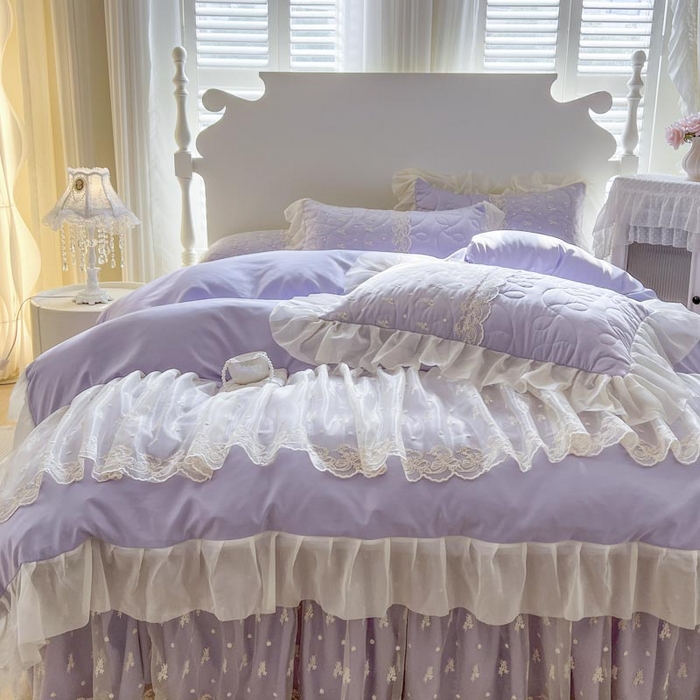 91家纺网 家纺一手货源 找家纺 恋尚 2025新款韩式蕾丝丝光棉夹棉床裙四件套 蜜芙-香芋紫