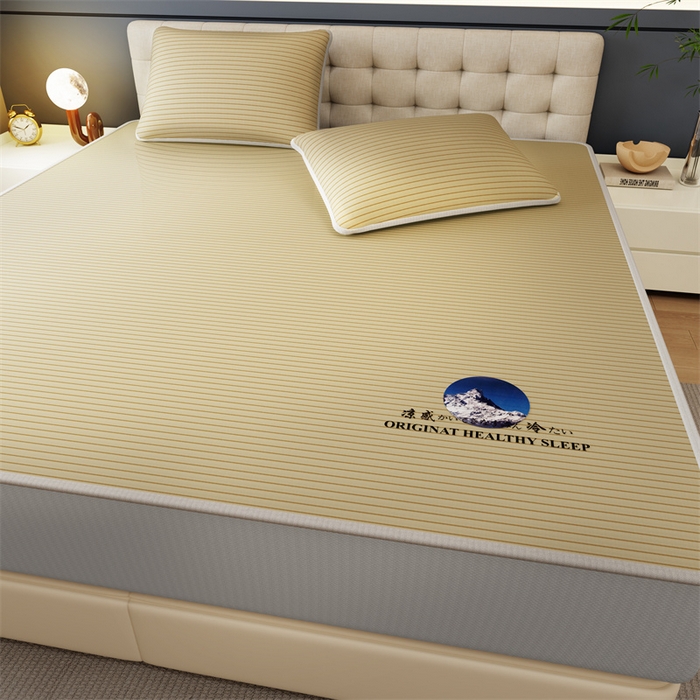 91家纺网 家纺一手货源 找家纺 鑫姿 2025新款5A抗菌A类冰丝凉席-条纹款 条纹床笠-棕色