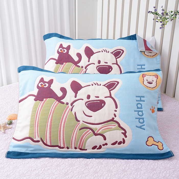 91家纺网 家纺一手货源 找家纺 2025新款全棉八层纱枕巾情侣枕巾 开心宝贝