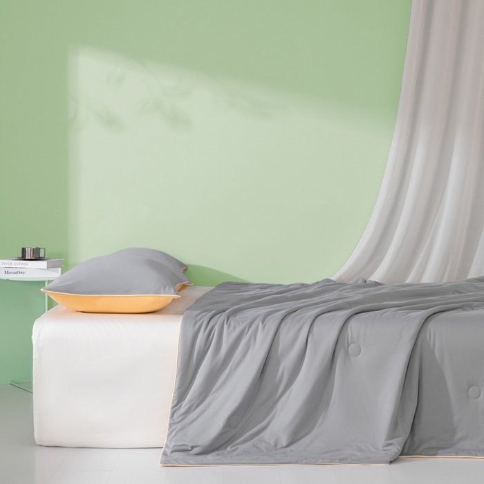 91家纺网 家纺一手货源 找家纺 吾诺 2025 针织棉夏被双拼色大豆夏被子被芯夏凉被空调被 岩灰-杏黄