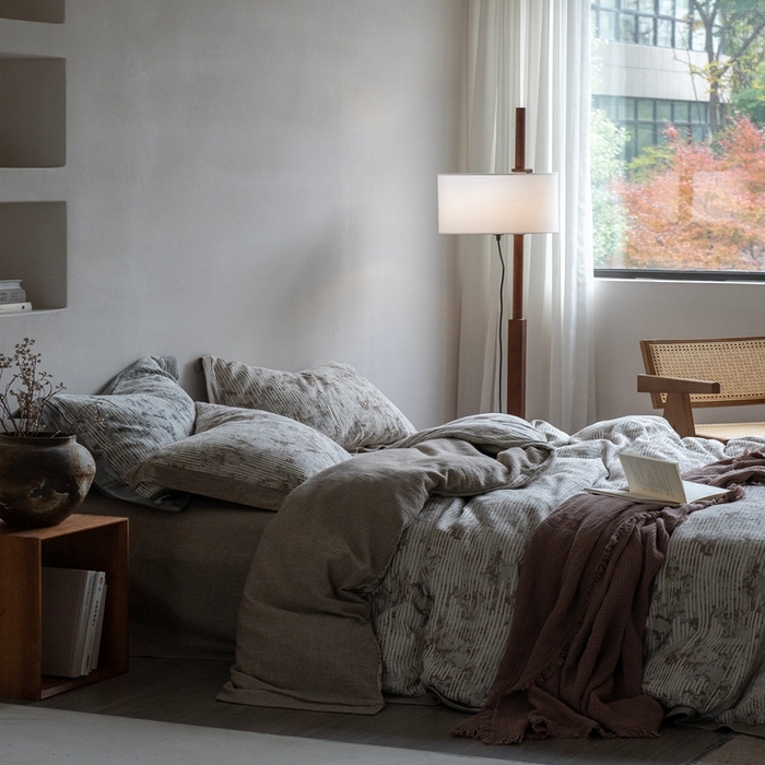 91家纺网 家纺一手货源 找家纺 璞素2025新款全棉色织三层纱四件套-松隐 松隐咖