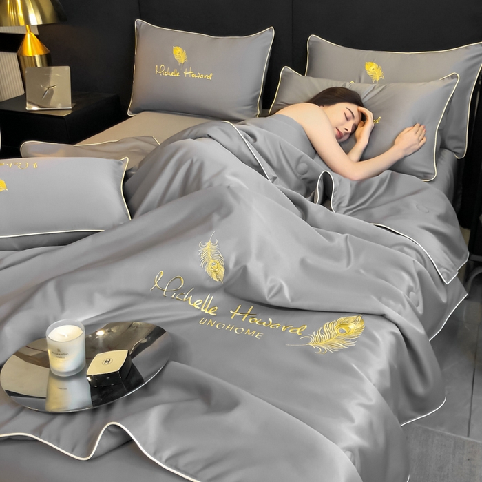 91家纺网 家纺一手货源 找家纺 吾诺 2025 双拼及羽毛刺绣夏被四件套绣花夏被水洗天丝夏被水洗真丝夏凉被空调被 羽毛-经典灰