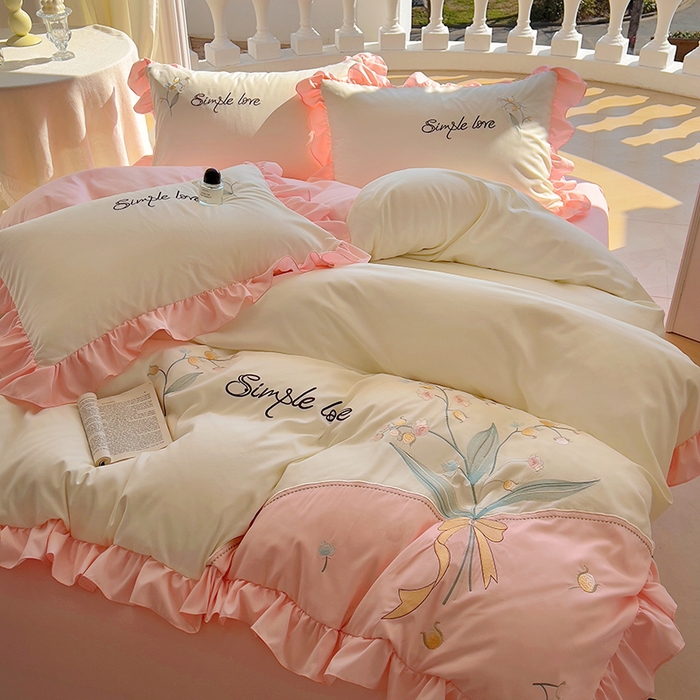 91家纺网 家纺一手货源 找家纺 凯美家居 2025新款超柔亲肤磨毛刺绣花仙子系列四件套 花仙子 白粉