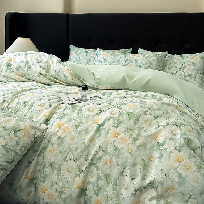 91家纺网 家纺一手货源 找家纺 慕晨 2025春夏新品莱赛尔天丝数码印花四件套莱赛尔夏被四件套天丝夏凉被直播热款 芳馨-绿