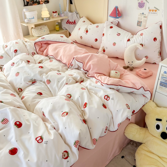 91家纺网 家纺一手货源 找家纺 潮邦创意家居 2025新款云柔棉立体嵌绳款小清新四件套 萌莓趣意