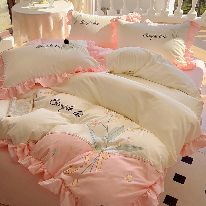 91家纺网 家纺一手货源 找家纺 凯美家居 2025新款超柔亲肤磨毛刺绣花仙子系列四件套 花仙子 白粉