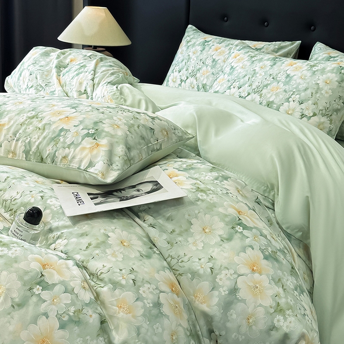 91家纺网 家纺一手货源 找家纺 慕晨 2025春夏新品莱赛尔天丝数码印花四件套莱赛尔夏被四件套天丝夏凉被直播热款 芳馨-绿