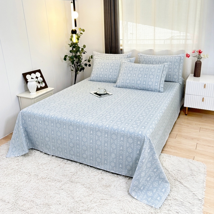 91家纺网 家纺一手货源 找家纺 伊而梦蚊帐 2025新款A类老粗布抗菌床单 花条纹-蓝