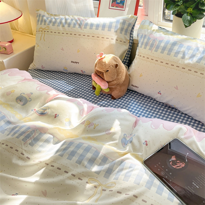 91家纺网 家纺一手货源 找家纺 盛秋家纺 2025新款卡通单被套 开心派对+蓝小格