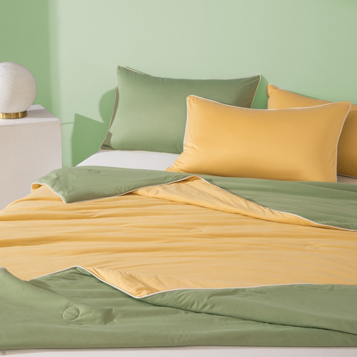 91家纺网 家纺一手货源 找家纺 吾诺 2025 针织棉夏被双拼色大豆夏被子被芯夏凉被空调被 杏黄-豆绿