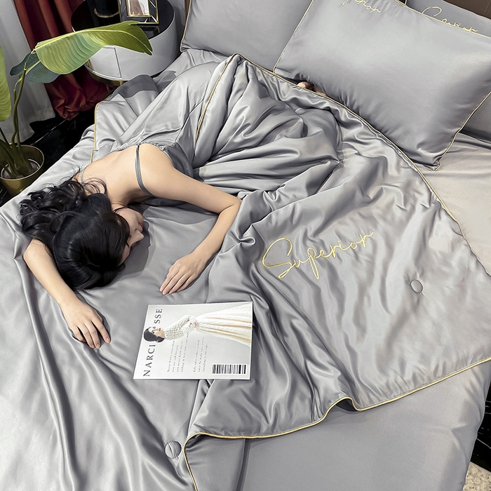 91家纺网 家纺一手货源 找家纺 吾诺 2025 字母刺绣水洗天丝夏被四件套水洗真丝夏凉被空调被绣花夏被 字母经典灰