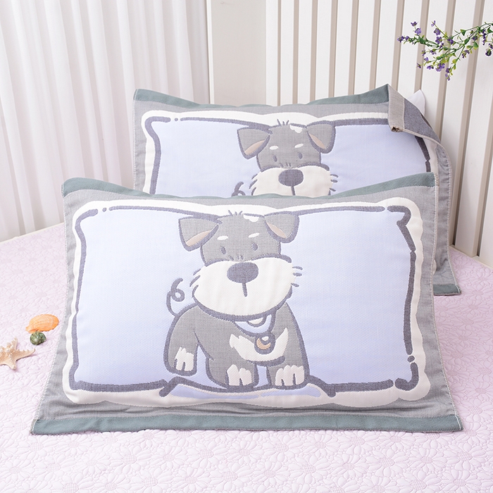 91家纺网 家纺一手货源 找家纺 2025新款全棉八层纱枕巾情侣枕巾 蓝调汪星人