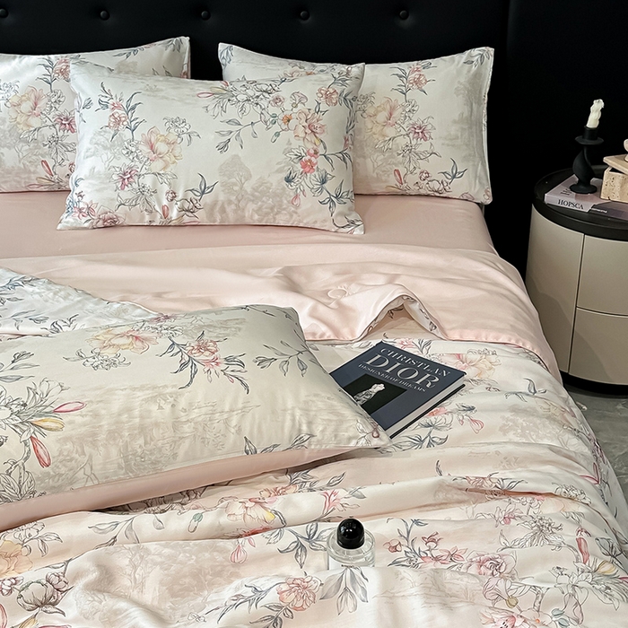 91家纺网 家纺一手货源 找家纺 慕晨 2025春夏新品莱赛尔天丝数码印花四件套莱赛尔夏被四件套天丝夏凉被直播热款 繁华-白