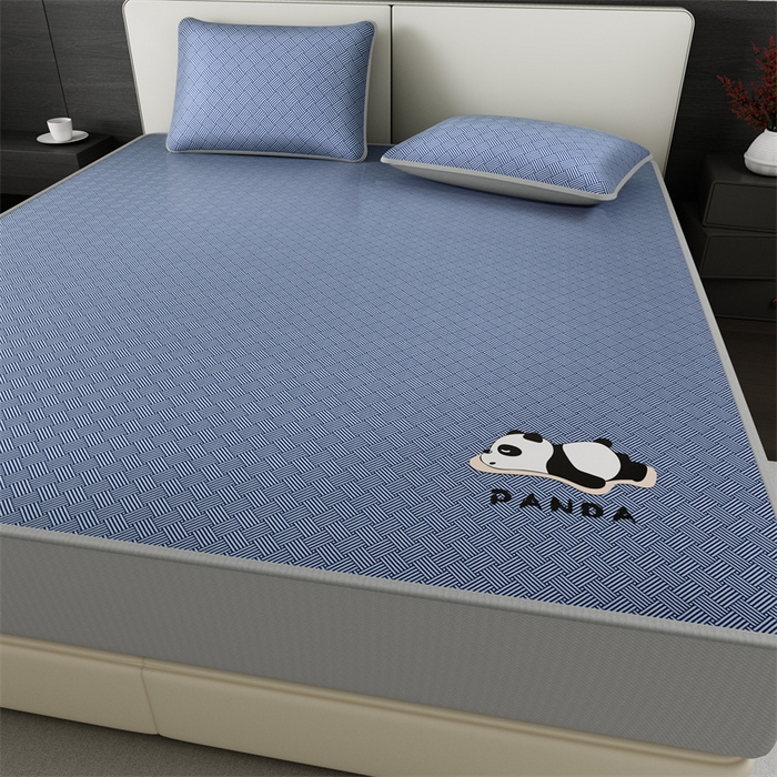 91家纺网 家纺一手货源 找家纺 鑫姿 2025新款5A抗菌A类冰丝凉席-饼干花熊猫款 床笠-熊猫-蓝色