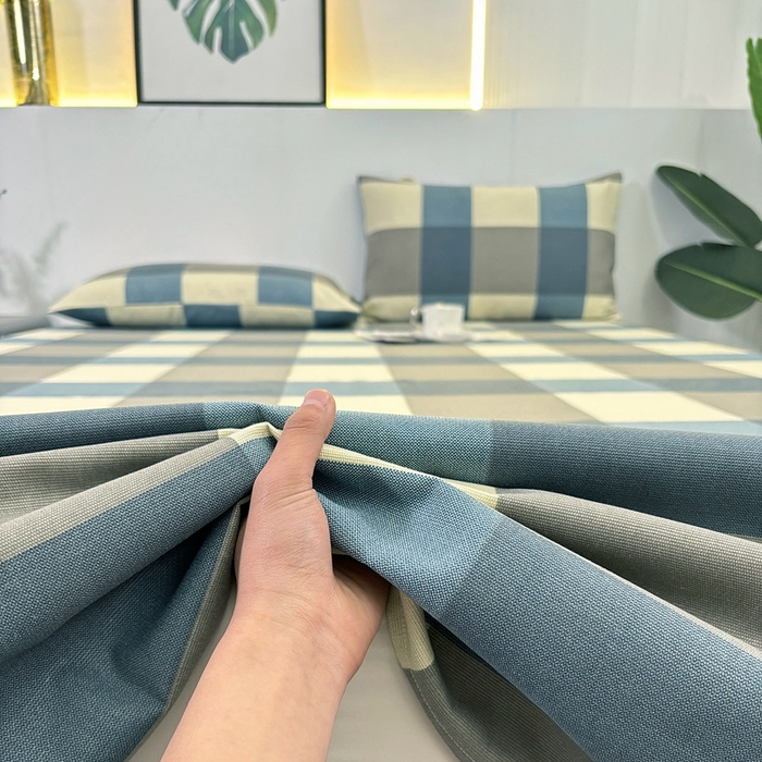 91家纺网 家纺一手货源 找家纺 伊而梦蚊帐 2025新款原棉老粗布床单 蓝灰格