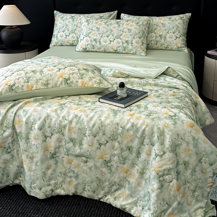 91家纺网 家纺一手货源 找家纺 慕晨 2025春夏新品莱赛尔天丝数码印花四件套莱赛尔夏被四件套天丝夏凉被直播热款 芳馨-绿