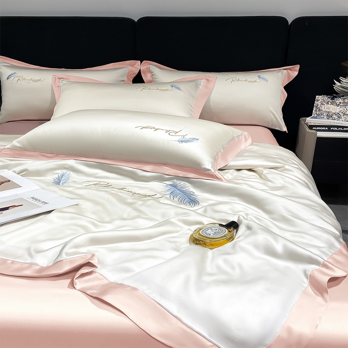 91家纺网 家纺一手货源 找家纺 如一 2025丝羽系列水洗冰丝夏被四件套 丝羽-奶白粉