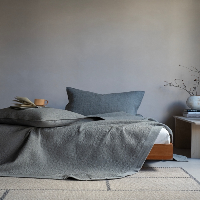 91家纺网 家纺一手货源 找家纺 璞素2025新款全棉色织三层纱床盖三件套-落雪 落雪灰