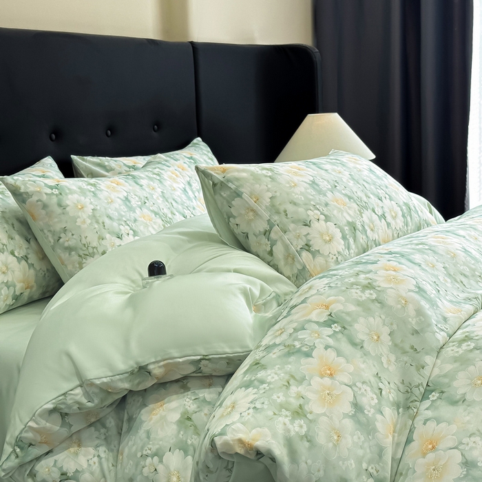 91家纺网 家纺一手货源 找家纺 慕晨 2025春夏新品莱赛尔天丝数码印花四件套莱赛尔夏被四件套天丝夏凉被直播热款 芳馨-绿