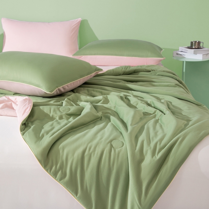 91家纺网 家纺一手货源 找家纺 吾诺 2025 针织棉夏被双拼色大豆夏被子被芯夏凉被空调被 豆绿-浅粉