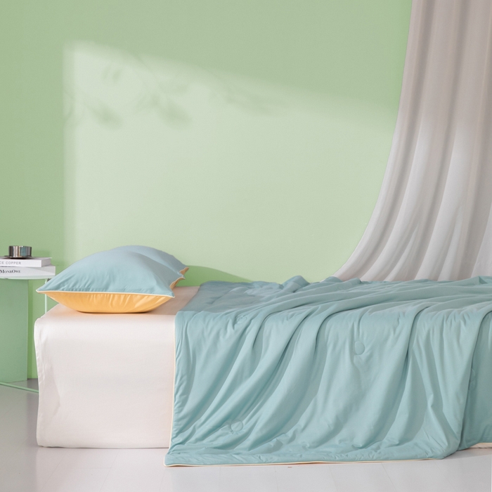 91家纺网 家纺一手货源 找家纺 吾诺 2025 针织棉夏被双拼色大豆夏被子被芯夏凉被空调被 星兰-杏黄