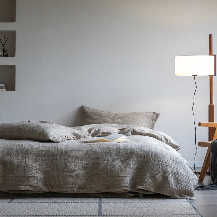 91家纺网 家纺一手货源 找家纺 璞素2025新款全棉色织三层纱四件套-银河 银河咖