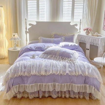 91家纺网 家纺一手货源 找家纺 （总）恋尚 2025新款韩式蕾丝丝光棉夹棉床裙四件套