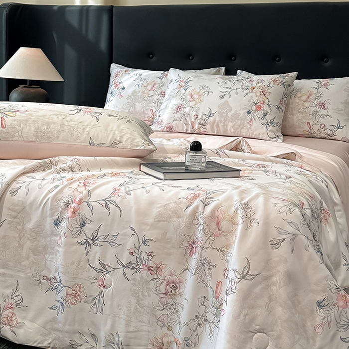 91家纺网 家纺一手货源 找家纺 慕晨 2025春夏新品莱赛尔天丝数码印花四件套莱赛尔夏被四件套天丝夏凉被直播热款 繁华-白