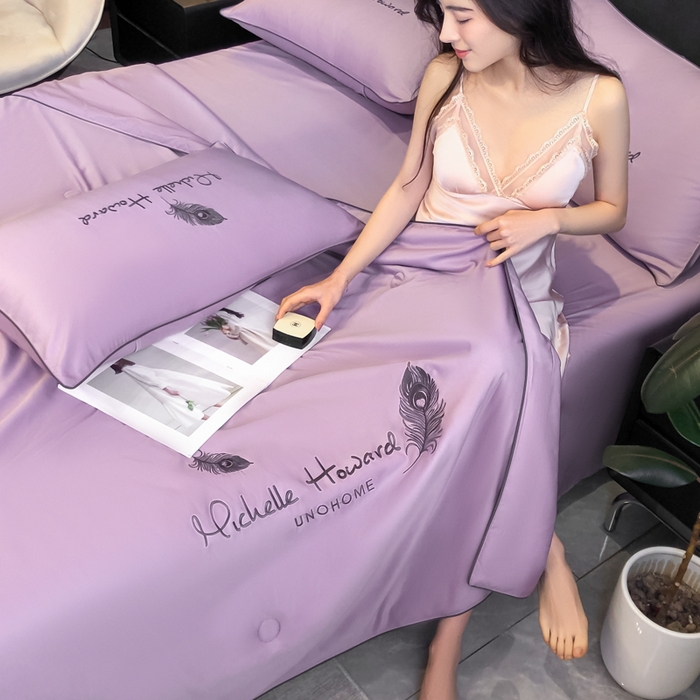 91家纺网 家纺一手货源 找家纺 吾诺 2025 双拼及羽毛刺绣夏被四件套绣花夏被水洗天丝夏被水洗真丝夏凉被空调被 羽毛-紫