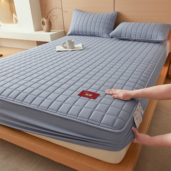 91家纺网 家纺一手货源 找家纺 布卢姆床垫 2025新款原棉A类贴标7A抗菌床笠 方格-蓝