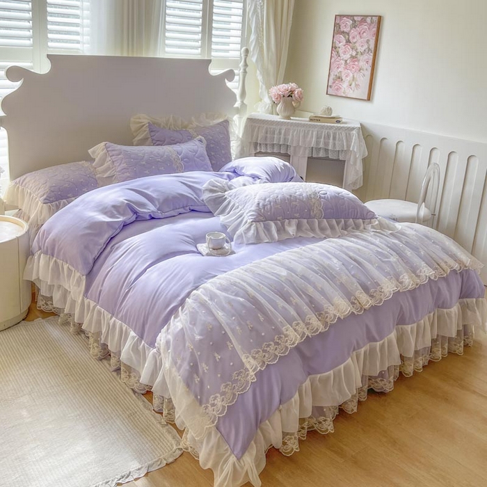 91家纺网 家纺一手货源 找家纺 恋尚 2025新款韩式蕾丝丝光棉夹棉床裙四件套 蜜芙-香芋紫