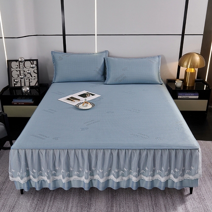 青雅席业 2025新款7A抗菌母婴级纯乙纶PE刺绣凉感丝豆豆席 床裙款 字母爱心-蓝