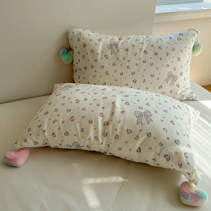 丽涵家纺 2025新款全棉双层纱枕头套-毛球款 爱心豹纹