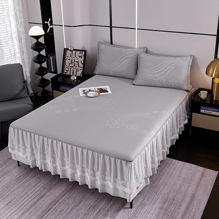 91家纺网 家纺一手货源 找家纺 青雅席业 2025新款7A抗菌母婴级纯乙纶PE刺绣凉感丝豆豆席 床裙款 浪花-灰