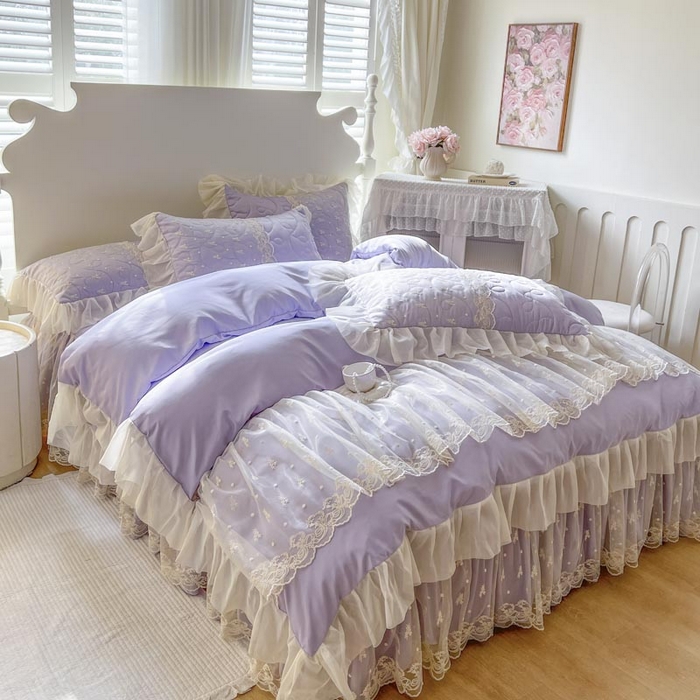 91家纺网 家纺一手货源 找家纺 恋尚 2025新款韩式蕾丝丝光棉夹棉床裙四件套 蜜芙-香芋紫