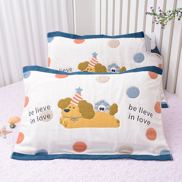 91家纺网 家纺一手货源 找家纺 2025新款全棉八层纱枕巾情侣枕巾 黄油蛋糕狗