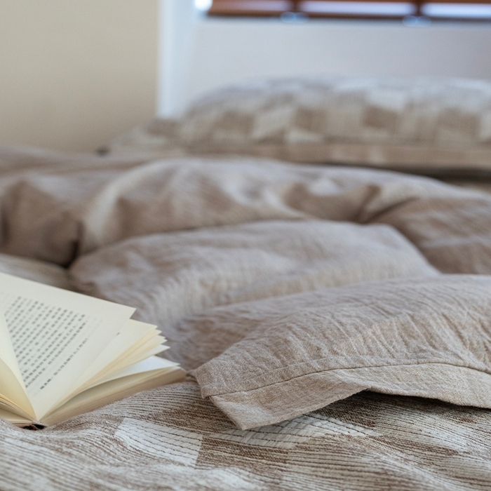 91家纺网 家纺一手货源 找家纺 璞素2025新款全棉色织三层纱四件套 咖色