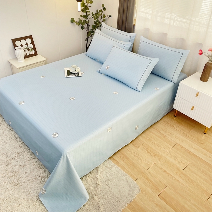 91家纺网 家纺一手货源 找家纺 伊而梦蚊帐 2025新款A类老粗布抗菌床单 玫瑰线-蓝