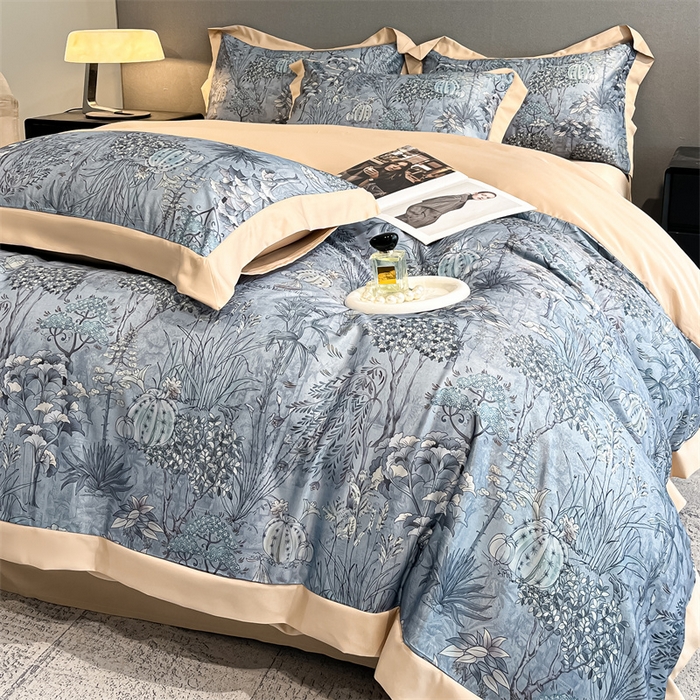 91家纺网 家纺一手货源 找家纺 笙意家纺 2025新款水洗冰丝数码印花宽边四件套 妙然-卡其