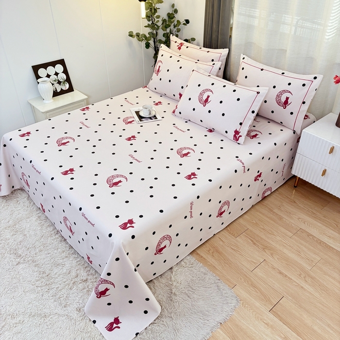 91家纺网 家纺一手货源 找家纺 伊而梦蚊帐 2025新款A类老粗布抗菌床单 波点猫-红