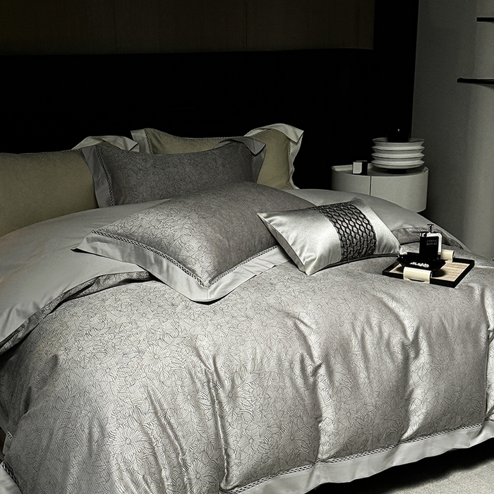 91家纺网 家纺一手货源 找家纺 涞澳家纺 2025新款天丝棉色织提花四件套 雨果-灰