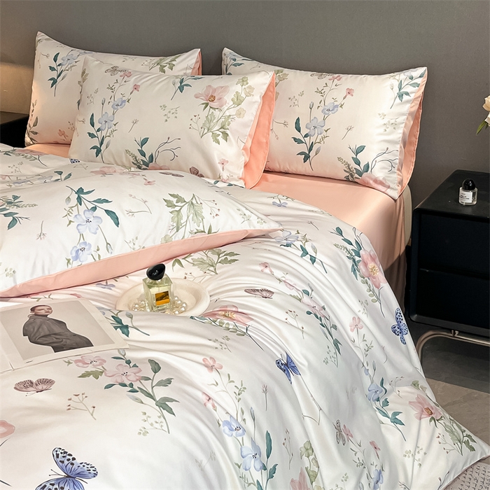 91家纺网 家纺一手货源 找家纺 笙意家纺2025新款水洗冰丝数码印花暗盒款四件套 蝶梦