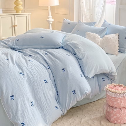 二八年华 2025新款蝴蝶结系列高克重加厚水洗棉四件套 天蓝