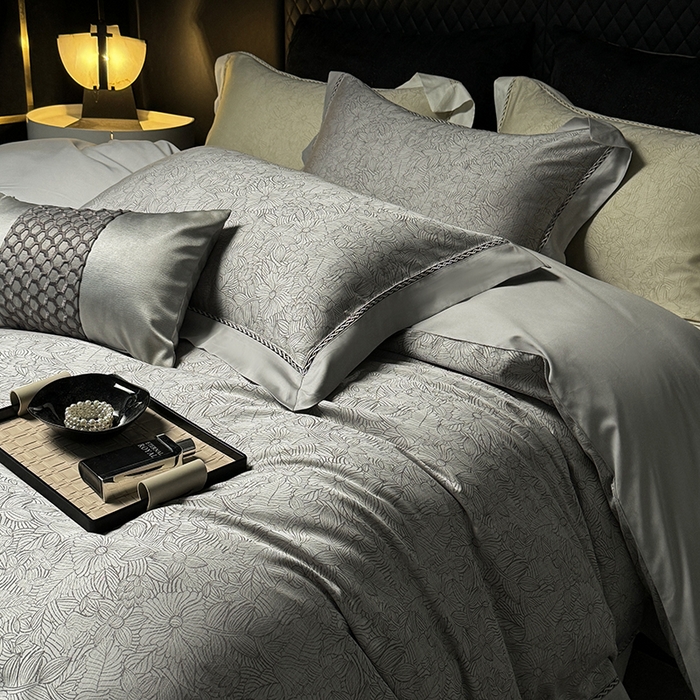 91家纺网 家纺一手货源 找家纺 涞澳家纺 2025新款天丝棉色织提花四件套 雨果-灰