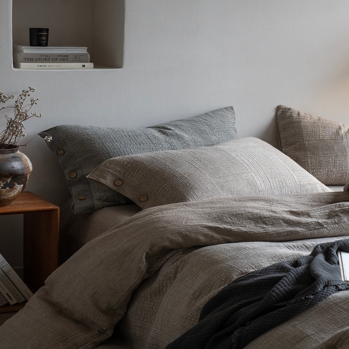 91家纺网 家纺一手货源 找家纺 璞素2025新款全棉色织三层纱四件套-银河 银河咖