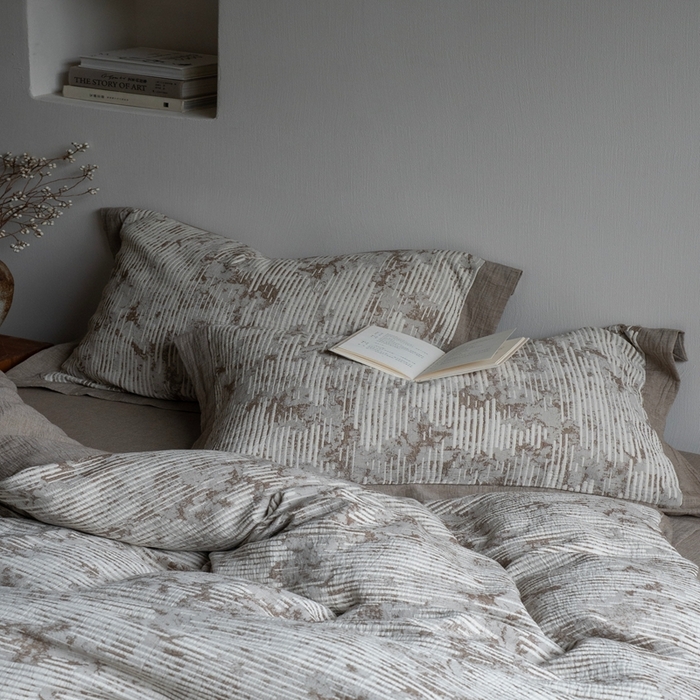 91家纺网 家纺一手货源 找家纺 璞素2025新款全棉色织三层纱四件套-松隐 松隐咖