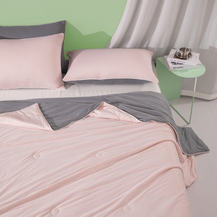 91家纺网 家纺一手货源 找家纺 吾诺 2025 针织棉夏被双拼色大豆夏被子被芯夏凉被空调被 浅粉-岩灰